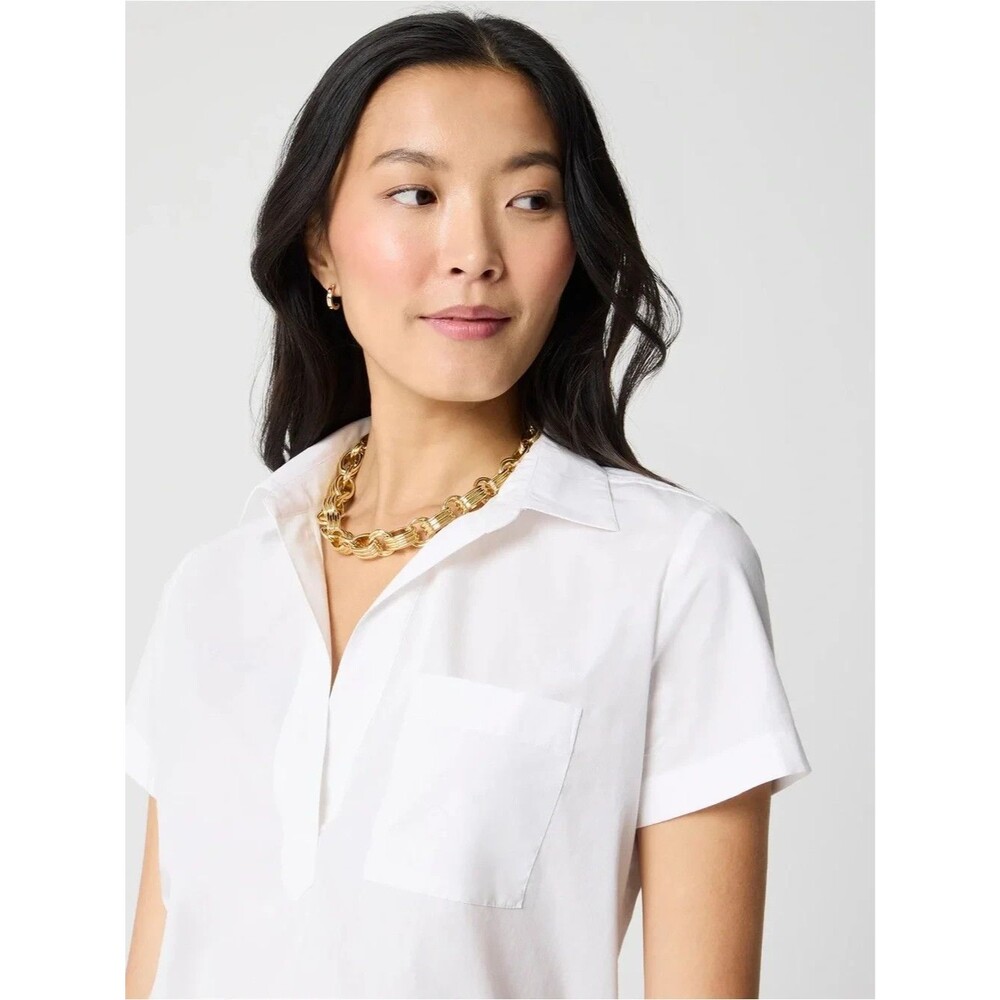 J.CREW Short Sleeve Poplin Popover Top XS White Collared Pocket B66